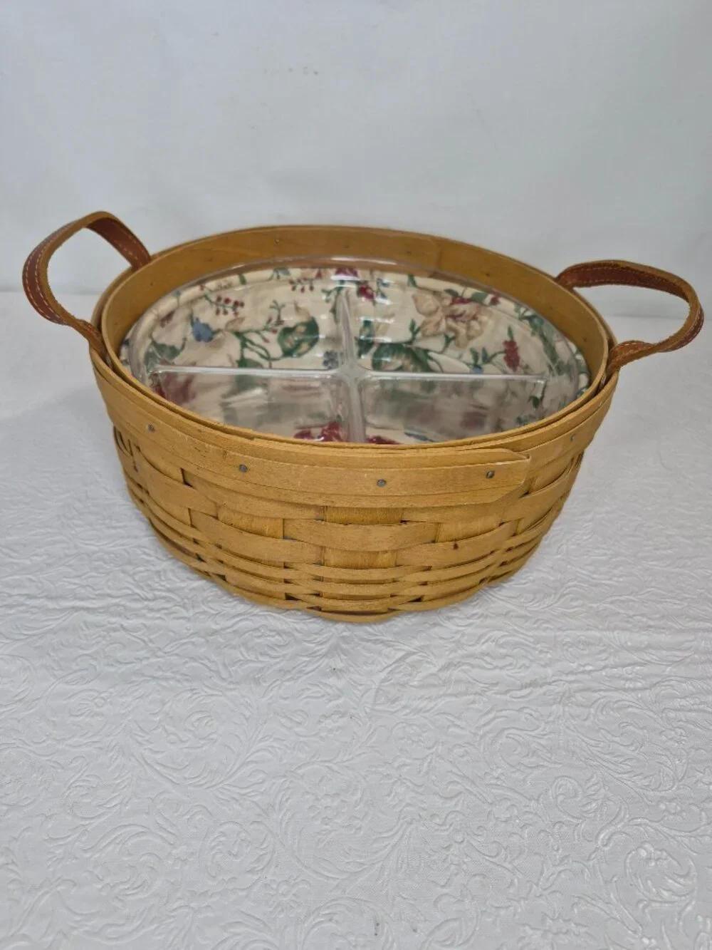 Vtg Longaberger Handmade Fabric Lined Button Wicker Basket Insert Leather Handle